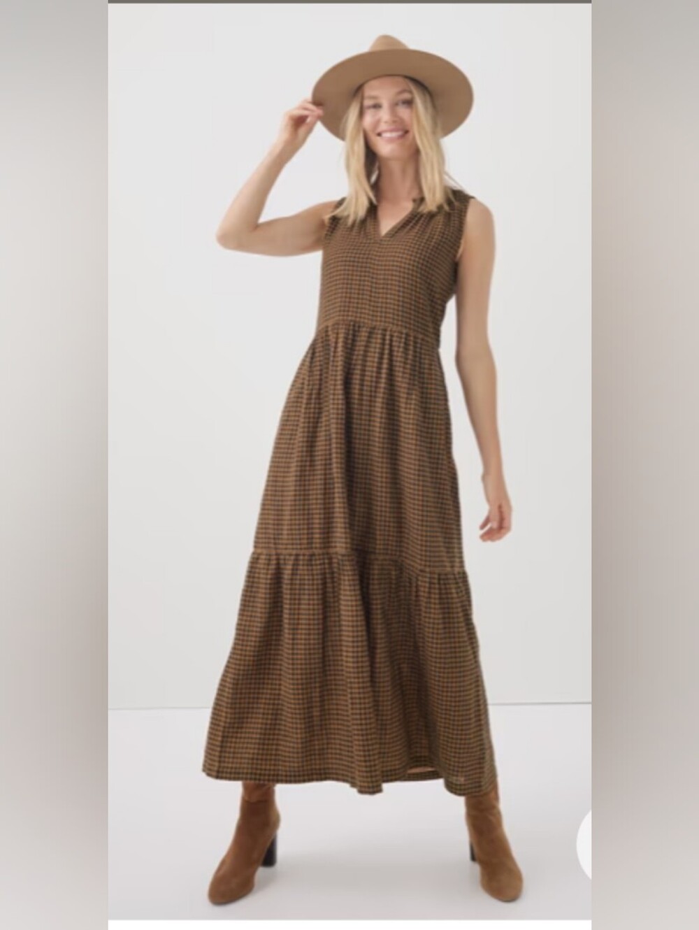 Pact Organic Cotton Double Gauze Tiered Maxi Dress Gingham Brown Black M